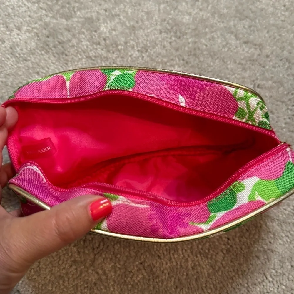 Lilly Pulitzer For Estee Lauder Large Pink & Green Floral Cosmetic Makeup Bag